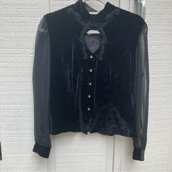 Black VELVET Blouse, Vintage, Sheer Statement Sleeves 90s Goth Prairie Medium - Picture 5 of 8